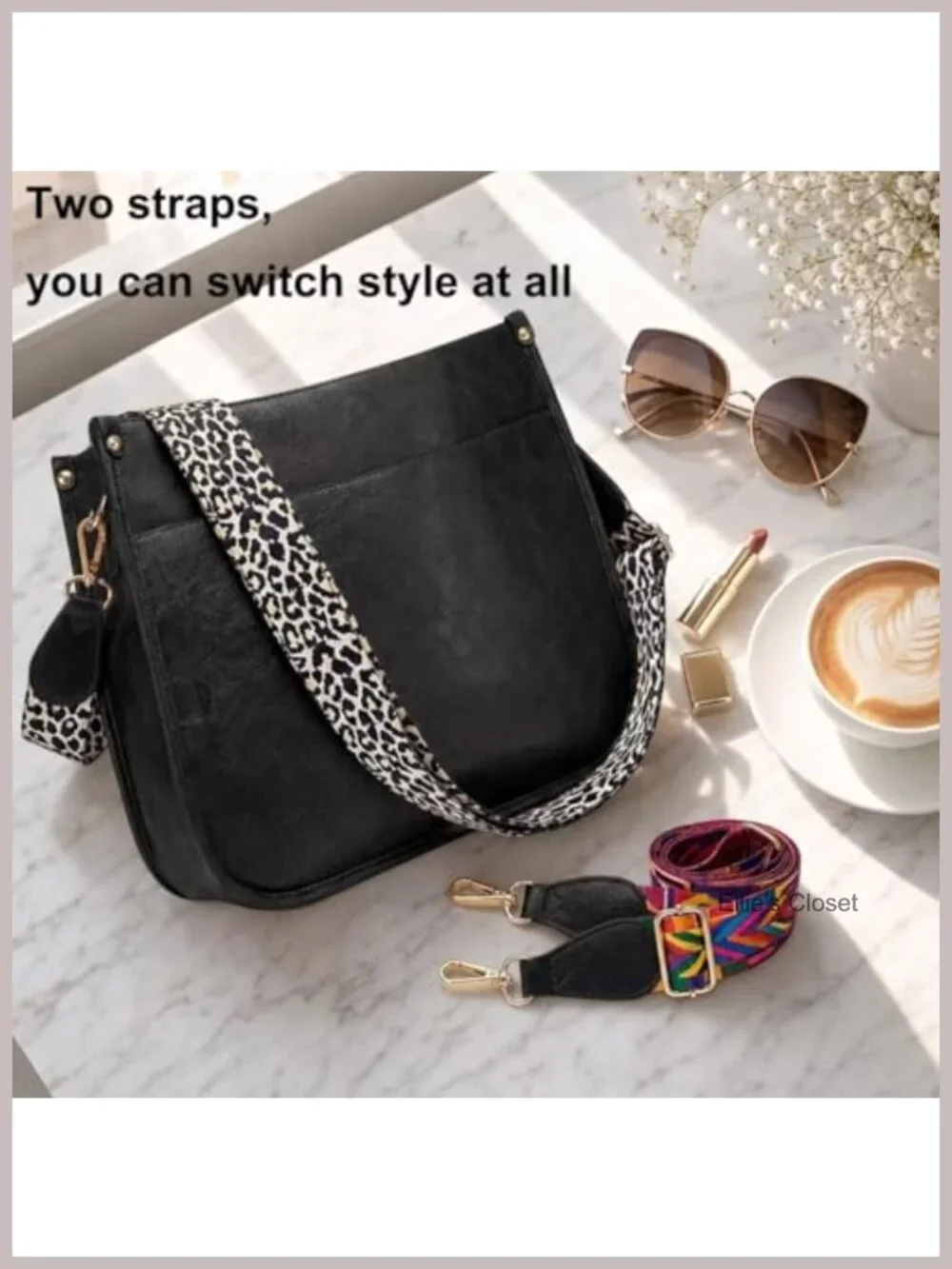 Vegan Leather Crossbody Bag with 2 Adjustable Guitar Straps, Hobo Purse